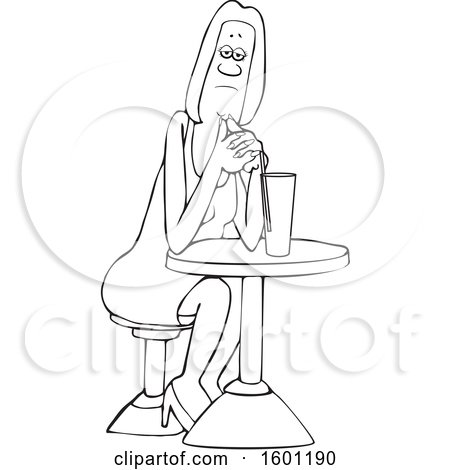 Clipart of a Cartoon Lineart Black Woman Sitting with a Cocktail at a Table - Royalty Free Vector Illustration by djart