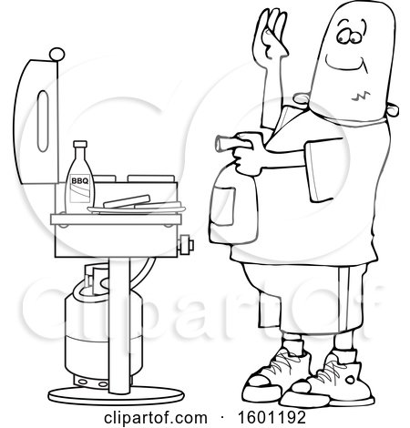 Clipart of a Cartoon Lineart Black Man Using a Fire Extinguisher to Put out Flaming Meat Patties on a Bbq Grill - Royalty Free Vector Illustration by djart
