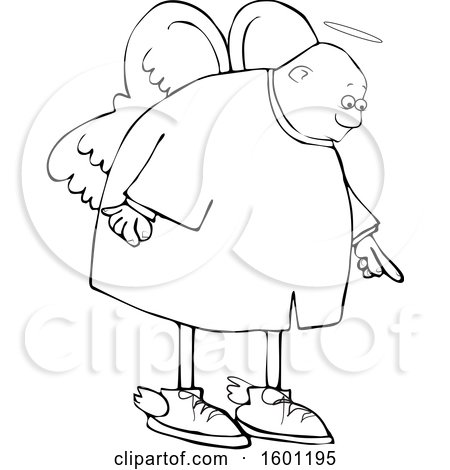 Clipart of a Cartoon Lineart Black Male Angel Pointing down - Royalty Free Vector Illustration by djart