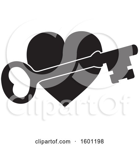 Clipart of a Black and White Heart with a Skeleton Key - Royalty Free Vector Illustration by Johnny Sajem