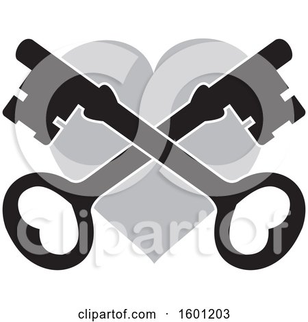 Clipart of a Gray Heart with Crossed Skeleton Keys - Royalty Free Vector Illustration by Johnny Sajem