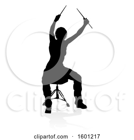 Clipart of a Silhouetted Female Drummer, with a Reflection or Shadow, on a White Background - Royalty Free Vector Illustration by AtStockIllustration