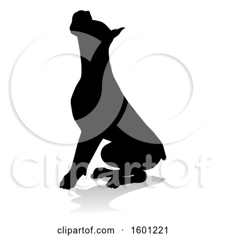 Clipart of a Silhouetted Boxer Dog, with a Reflection or Shadow, on a White Background - Royalty Free Vector Illustration by AtStockIllustration
