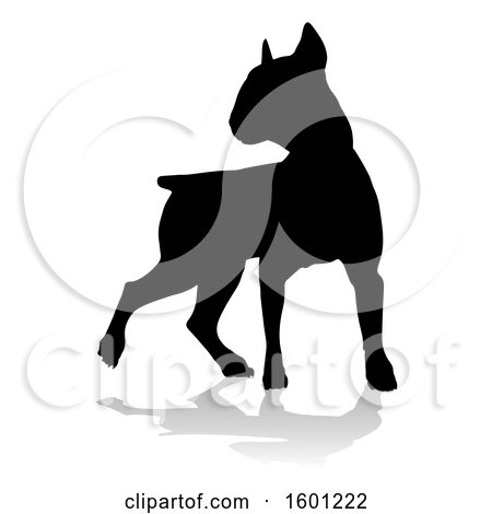 Clipart of a Silhouetted Bull Terrier Dog, with a Reflection or Shadow, on a White Background - Royalty Free Vector Illustration by AtStockIllustration