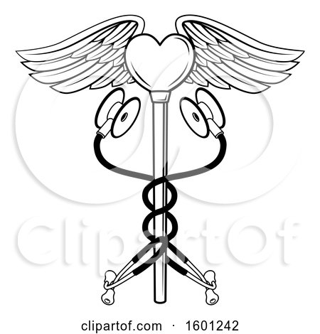 Clipart of a Black and White Medical Caduceus with Stethoscopes and a Winged Heart - Royalty Free Vector Illustration by AtStockIllustration