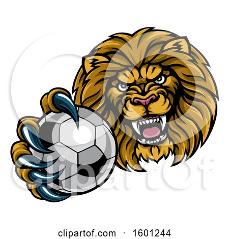 Clipart of a Tough Lion Monster Mascot Holding out a Soccer Ball in One Clawed Paw - Royalty Free Vector Illustration by AtStockIllustration
