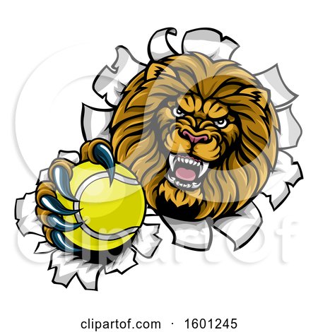 Clipart of a Tough Lion Sports Mascot Holding out a Tennis Ball and Breaking Through a Wall - Royalty Free Vector Illustration by AtStockIllustration
