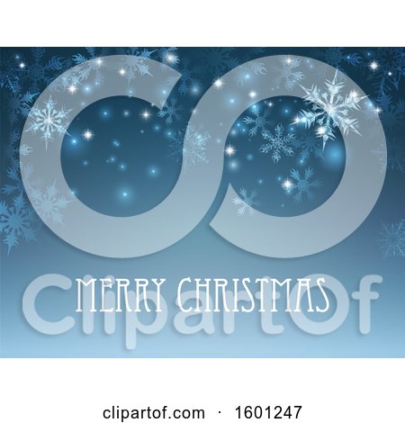 Clipart of a Blue Background of Winter Snowflakes and Flares with Merry Christmas Text - Royalty Free Vector Illustration by AtStockIllustration