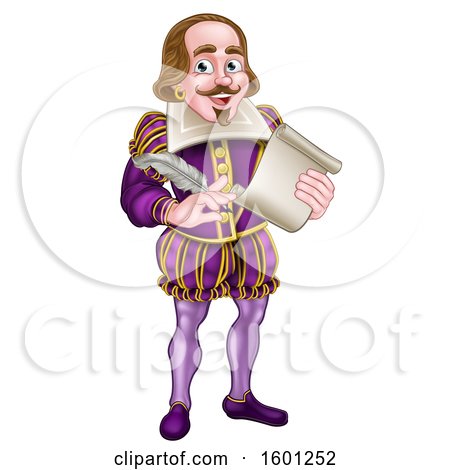 Clipart of William Shakespeare Holding a Scroll and Feather Quill - Royalty Free Vector Illustration by AtStockIllustration