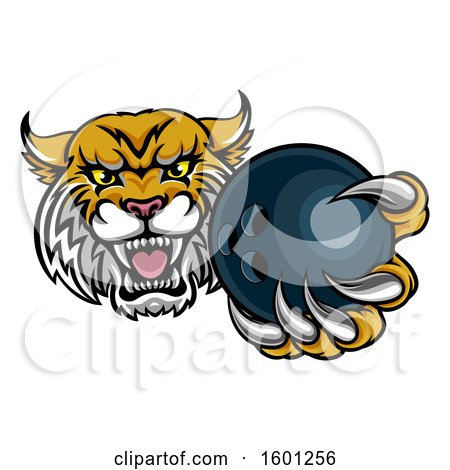 Clipart of a Tough Bobcat Lynx Monster Mascot Holding out a Bowling Ball in One Clawed Paw - Royalty Free Vector Illustration by AtStockIllustration