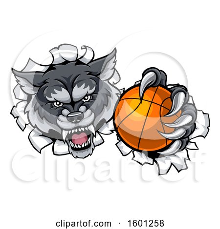 Clipart of a Tough Wolf Monster Mascot Holding out a Basketball in One Clawed Paw and Breaking Through a Wall - Royalty Free Vector Illustration by AtStockIllustration