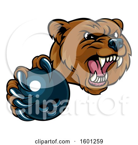 Clipart of a Mad Grizzly Bear Mascot Holding out a Bowling Ball in a Clawed Paw - Royalty Free Vector Illustration by AtStockIllustration