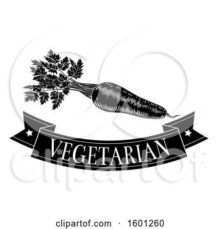 Clipart of a Black and White Carrot over a Vegetarian Banner - Royalty Free Vector Illustration by AtStockIllustration
