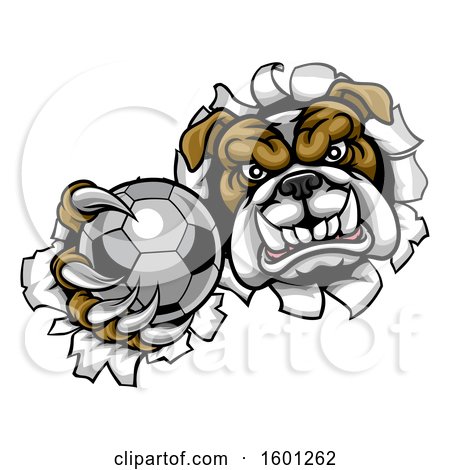 Clipart of a Tough Bulldog Monster Sports Mascot Holding out a Soccer Ball in One Clawed Paw and Breaking Through a Wall - Royalty Free Vector Illustration by AtStockIllustration