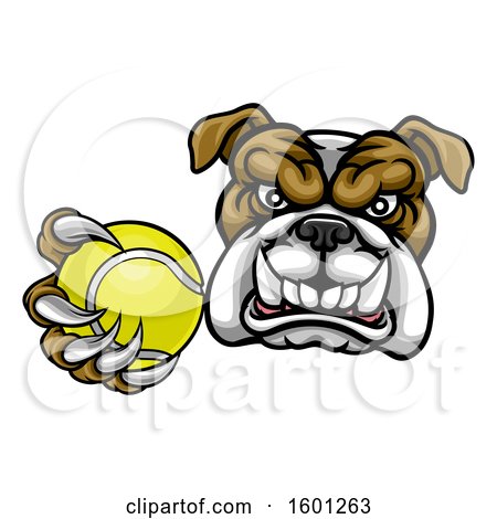 Clipart of a Tough Bulldog Monster Mascot Holding out a Tennis Ball in One Clawed Paw - Royalty Free Vector Illustration by AtStockIllustration