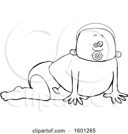 Clipart of a Cartoon Lineart Black Baby Boy Crawling - Royalty Free Vector Illustration by djart