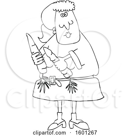 Clipart of a Cartoon Lineart Woman Holding Carrots - Royalty Free Vector Illustration by djart
