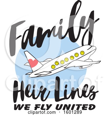 Clipart of a Cartoon Airplane with Happy Facesand Family Heir Lines We Fly United Text - Royalty Free Vector Illustration by Johnny Sajem