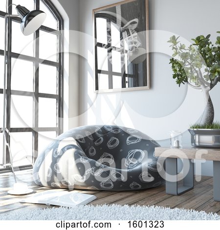 Clipart of a 3d Bean Bag Chair and Bonsai in a Living Room - Royalty Free Illustration by KJ Pargeter