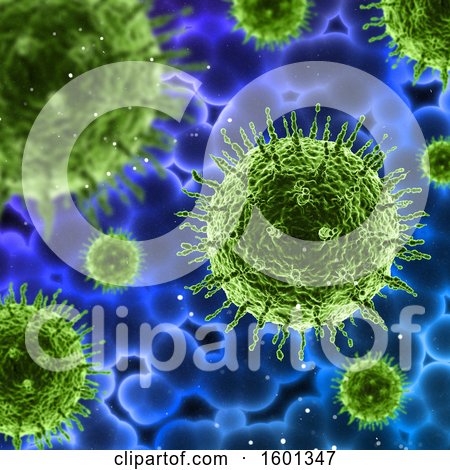 Clipart of a Background of 3d Green Viruses and Blue Cells - Royalty Free Illustration by KJ Pargeter