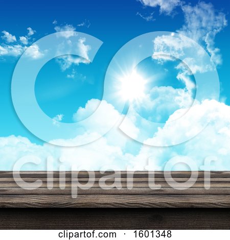 Clipart of a 3d Wood Table Against a Sunny Blue Sky - Royalty Free Illustration by KJ Pargeter