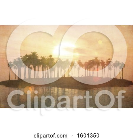 Clipart of a 3d Silhouetted Tropical Island with Palm Trees at Sunset - Royalty Free Illustration by KJ Pargeter