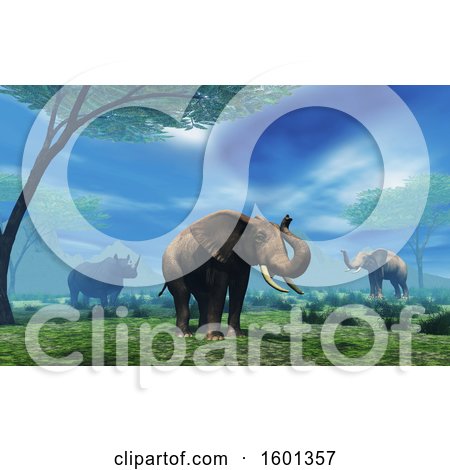 Clipart of a 3d Landscape with Elephants and a Rhino - Royalty Free Illustration by KJ Pargeter