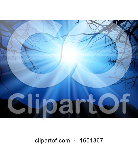 Clipart of a Background of Bright Light Shining down from the Sky, with Hills and Bare Tree Branches - Royalty Free Vector Illustration by KJ Pargeter