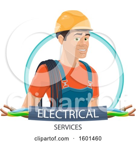 Clipart of a Male Electrican with Wires and Text - Royalty Free Vector Illustration by Vector Tradition SM
