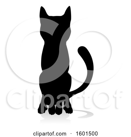 Clipart of a Silhouetted Cat, with a Reflection or Shadow, on a White Background - Royalty Free Vector Illustration by AtStockIllustration