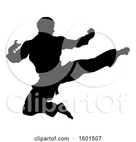 Clipart of a Silhouetted Martial Artist Kicking - Royalty Free Vector Illustration by AtStockIllustration