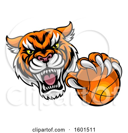 Clipart of a Vicious Tiger Sports Mascot Grabbing a Basketball - Royalty Free Vector Illustration by AtStockIllustration