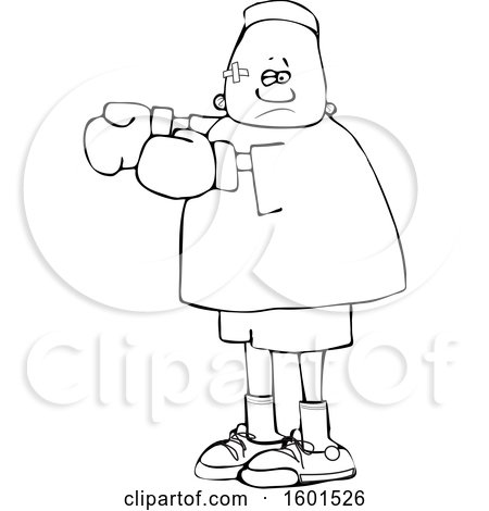 Clipart of a Cartoon Lineart Beat up Black Boy Boxer - Royalty Free Vector Illustration by djart