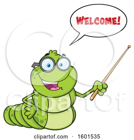 Clipart of a Cartoon Caterpillar Mascot Character Saying Welcome and Holding a Pointer Stick - Royalty Free Vector Illustration by Hit Toon