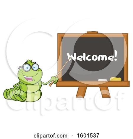 Clipart of a Cartoon Caterpillar Teacher Mascot Character Pointing to Welcome Text on a Black Board - Royalty Free Vector Illustration by Hit Toon