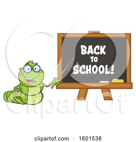 Clipart of a Cartoon Caterpillar Teacher Mascot Character Pointing to Back to School Text on a Black Board - Royalty Free Vector Illustration by Hit Toon