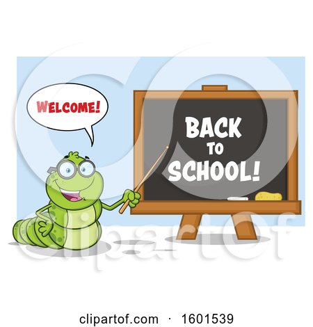 Clipart of a Cartoon Caterpillar Teacher Mascot Character Pointing to Back to School Text on a Black Board over Blue - Royalty Free Vector Illustration by Hit Toon