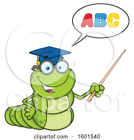 Clipart of a Cartoon Caterpillar Teacher Mascot Character Teaching the ABCs and Holding a Pointer Stick - Royalty Free Vector Illustration by Hit Toon