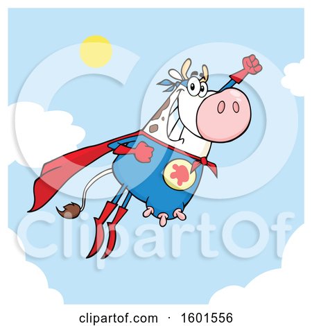 Clipart of a Flying Super Hero Cow over Sky - Royalty Free Vector Illustration by Hit Toon