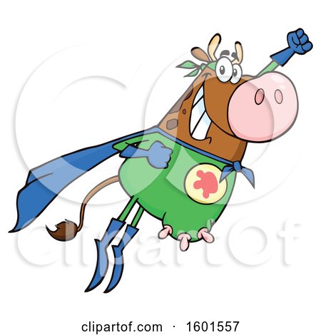 Clipart of a Flying Brown Super Hero Cow - Royalty Free Vector Illustration by Hit Toon