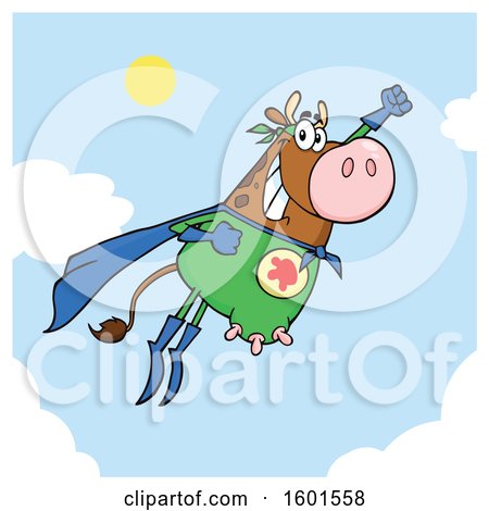 Clipart of a Flying Brown Super Hero Cow over Sky - Royalty Free Vector Illustration by Hit Toon