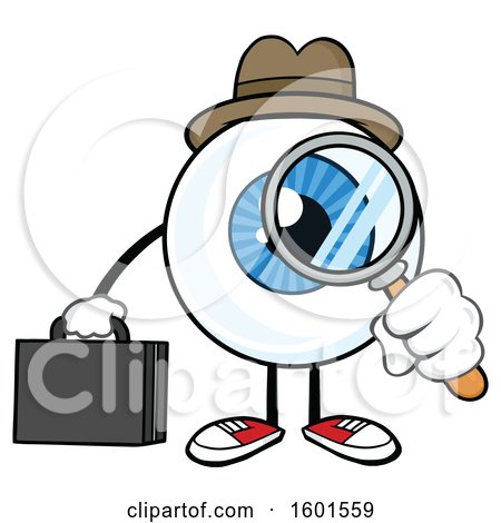 Clipart of a Cartoon Blue Eyeball Mascot Detective Character Looking Through a Magnifying Glass - Royalty Free Vector Illustration by Hit Toon