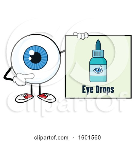 Clipart of a Cartoon Blue Eyeball Mascot Character Holding a Drops Sign - Royalty Free Vector Illustration by Hit Toon