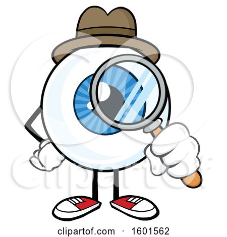 Clipart of a Cartoon Blue Eyeball Mascot Detective Character Looking Through a Magnifying Glass - Royalty Free Vector Illustration by Hit Toon