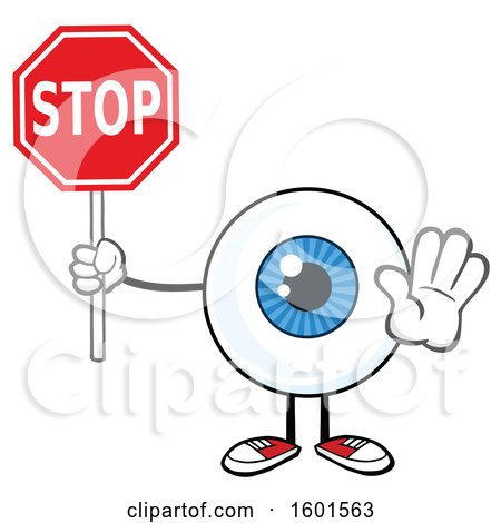 Clipart of a Cartoon Blue Eyeball Mascot Character Holding a Stop Sign - Royalty Free Vector Illustration by Hit Toon