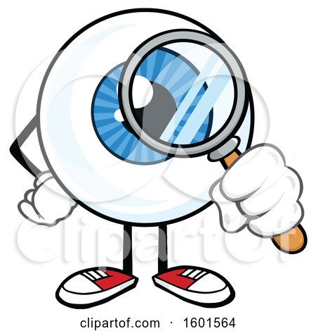 Clipart of a Cartoon Blue Eyeball Mascot Character Looking Through a Magnifying Glass - Royalty Free Vector Illustration by Hit Toon