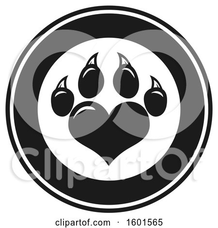 Clipart of a Black and White Heart Shaped Paw Print in a Circle - Royalty Free Vector Illustration by Hit Toon
