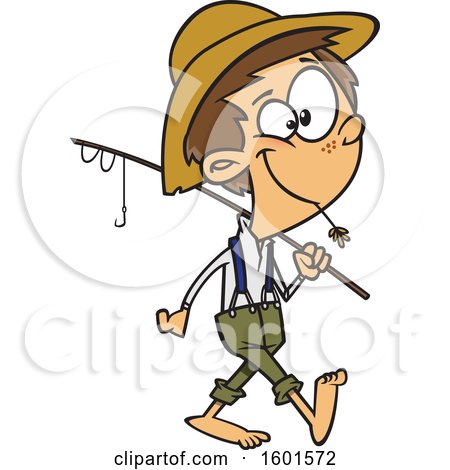 Clipart of a Cartoon White Boy Carrying a Fishing Pole - Royalty Free Vector Illustration by toonaday