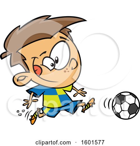 Clipart of a Cartoon White Boy Playing Soccer - Royalty Free Vector Illustration by toonaday