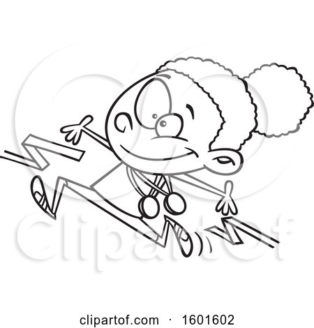 Clipart of a Cartoon Lineart Black Girl Athlete Breaking Through a Finish Line - Royalty Free Vector Illustration by toonaday